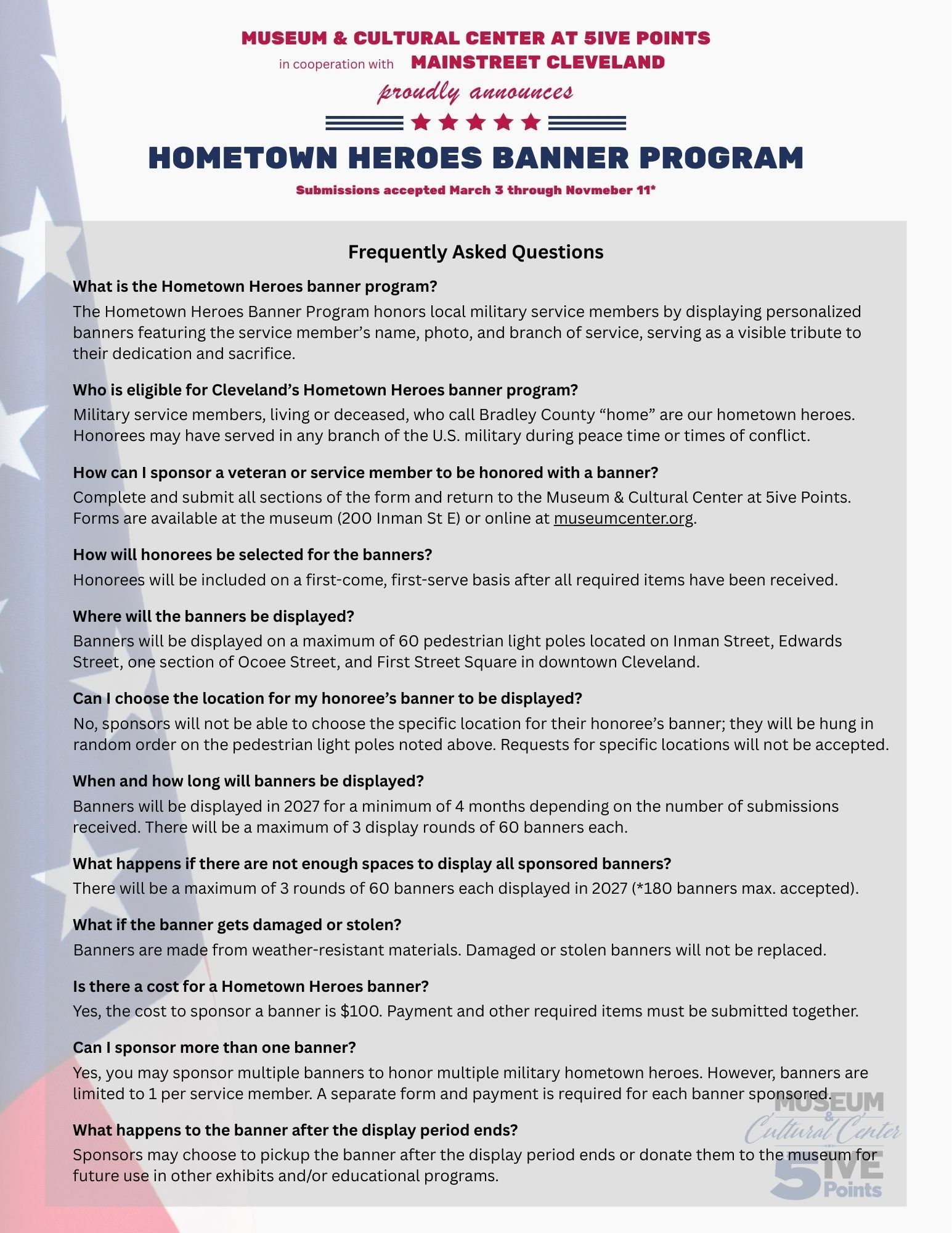 Poster for Hometown Heroes Banner Program with FAQ text and red header on a white background