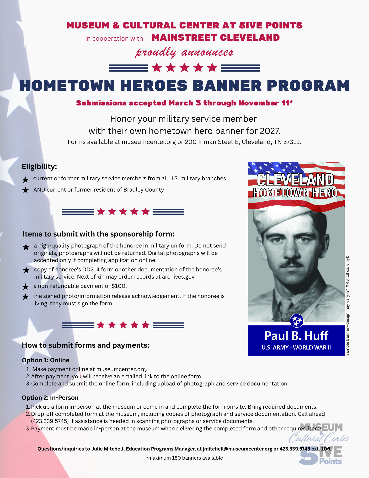 Hometown Heroes Banner Program flyer with red, white and blue banner design and a portrait poster on the right