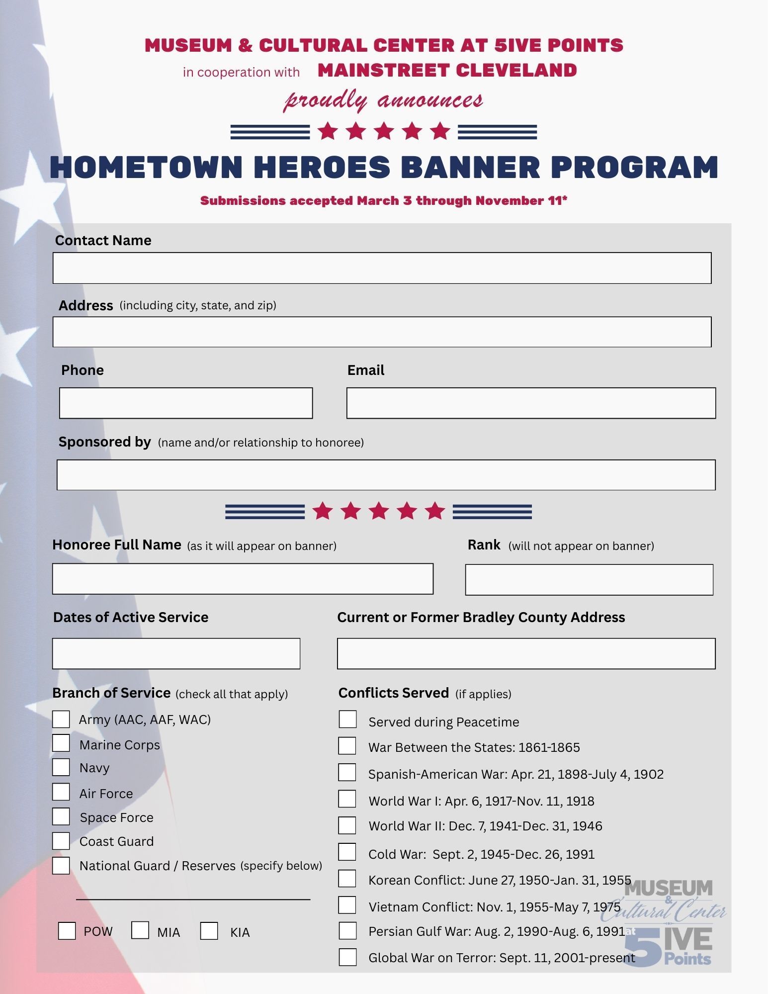 Hometown Heroes Banner Program application form with red and blue header and multiple fill-in fields