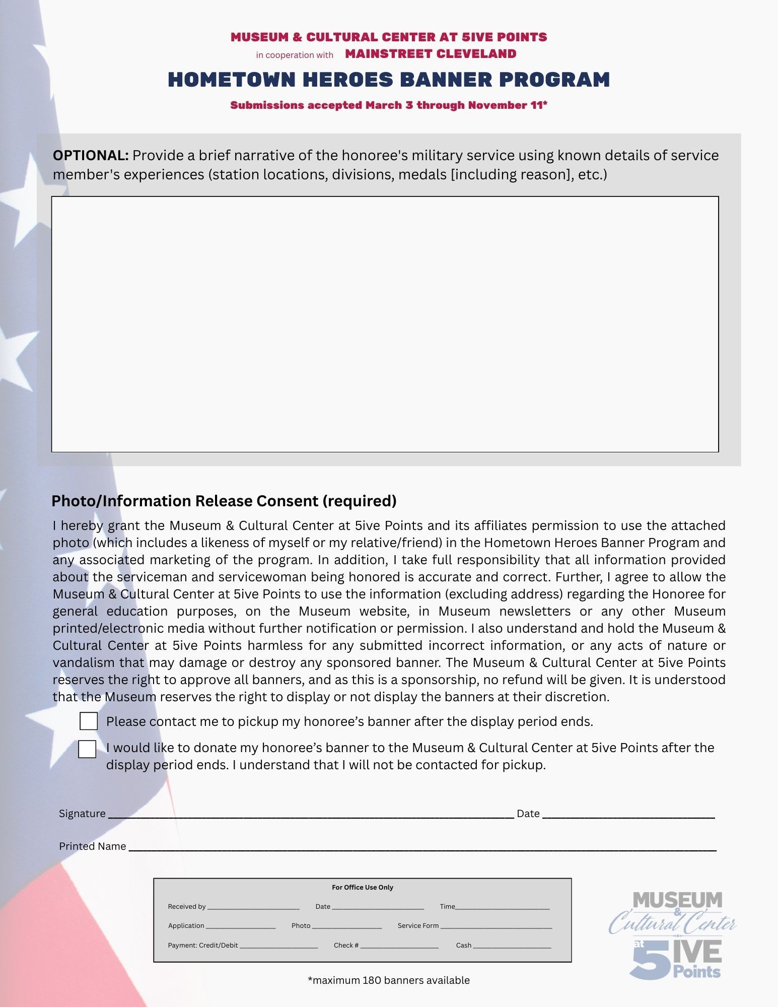 Homemade heroes banner program flyer with large blank white panel, blue star border, and museum logo bottom right