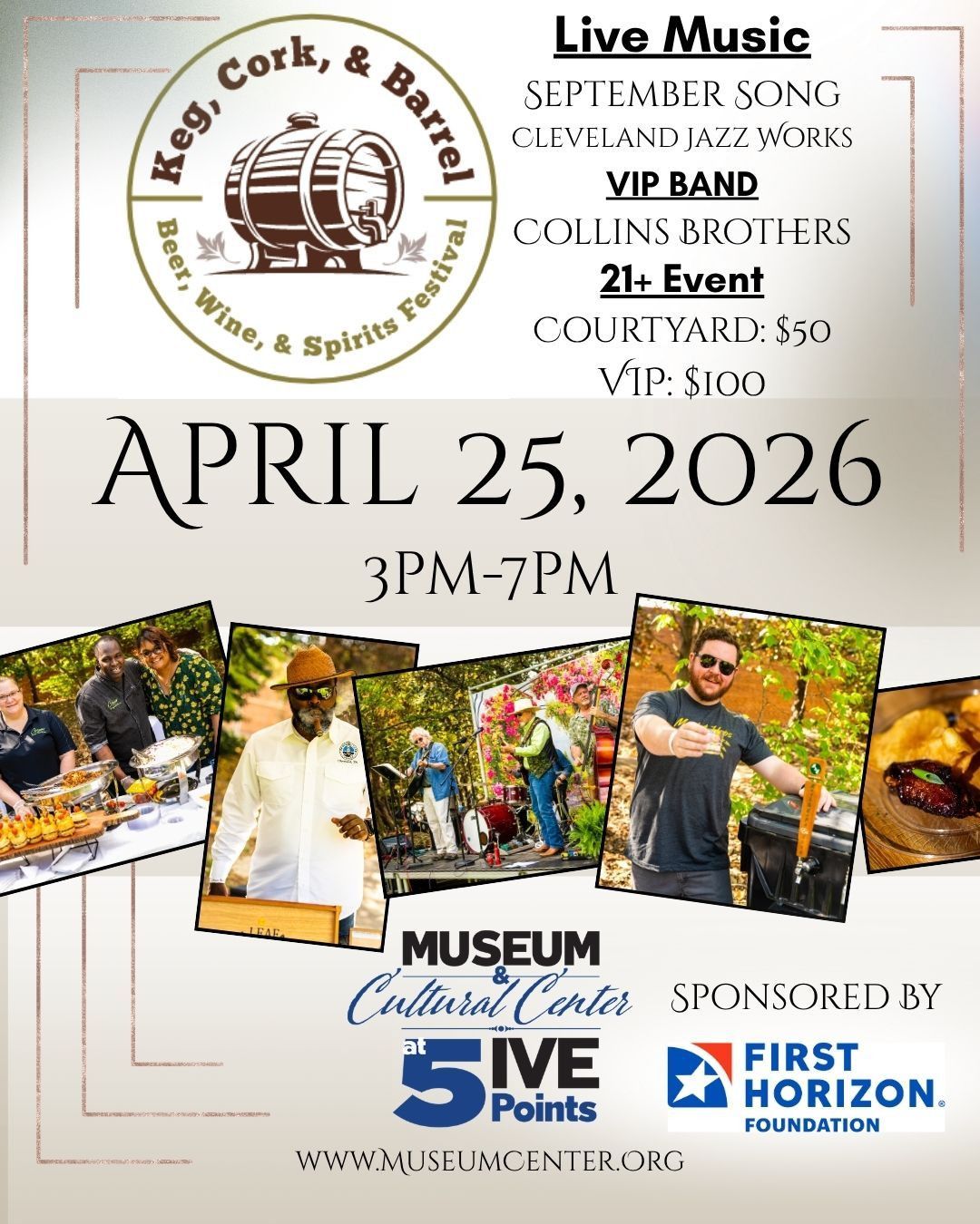 Live music poster for April 25, 2026, 3PM–7PM, with band photos and museum sponsor logos.
