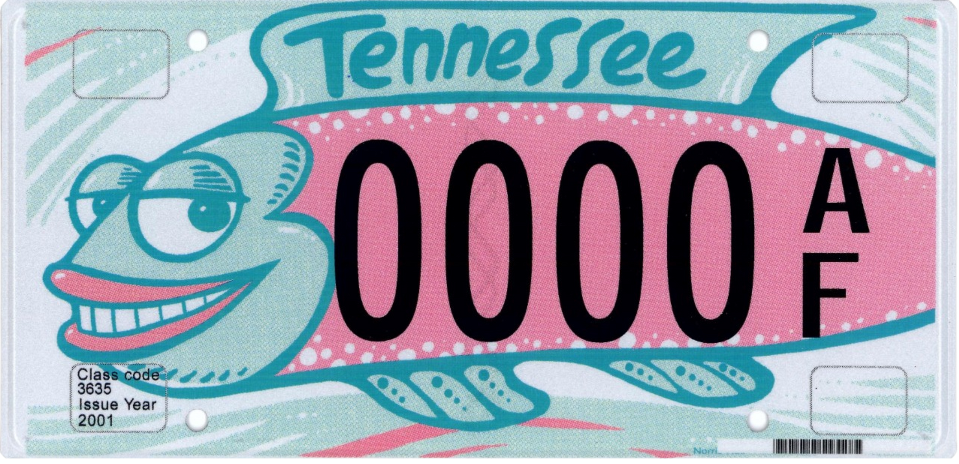 Tennessee license plate with turquoise background, cartoon fish, and black 0000 A F number