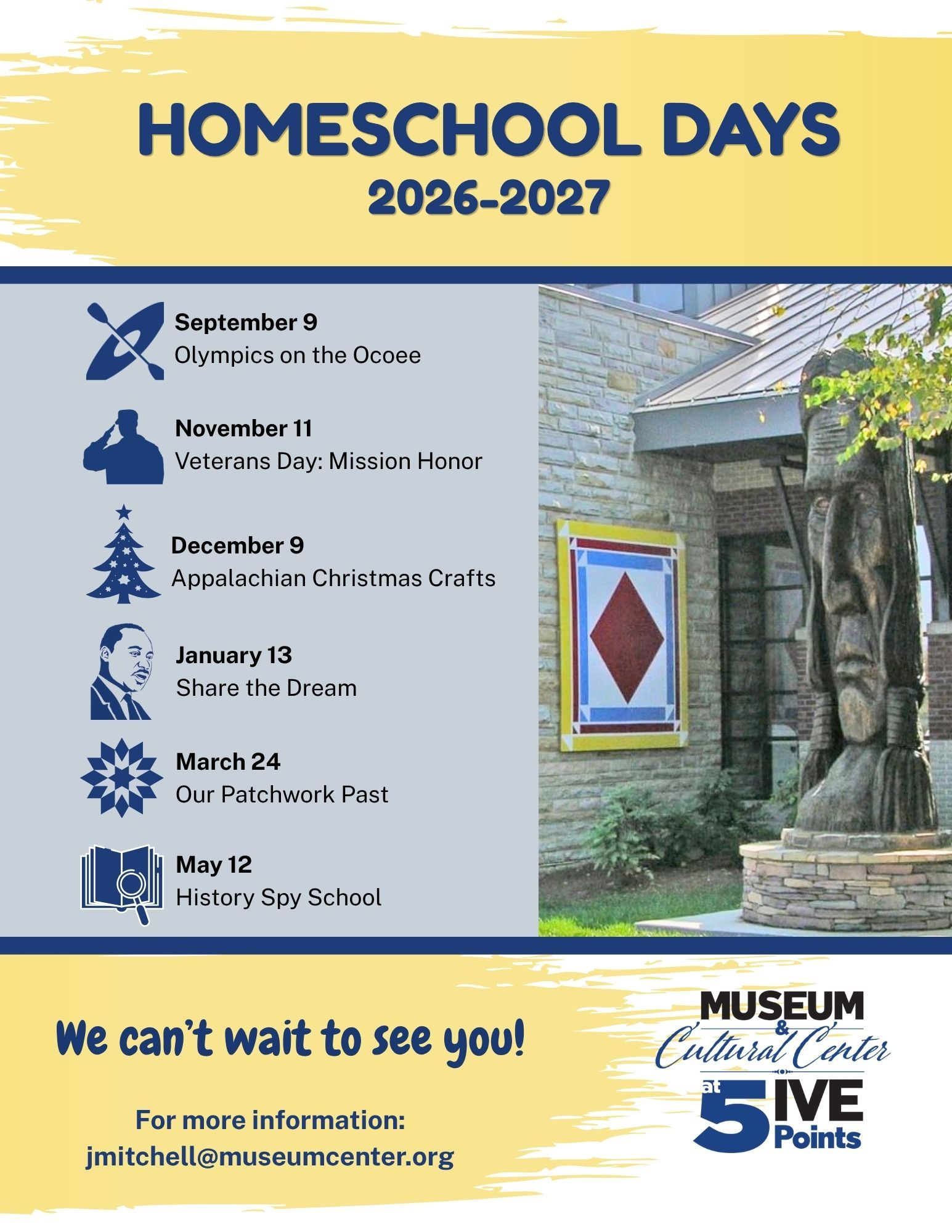 Poster for Museum Cultural Center homeschool day with carved wooden face, blue-and-beige layout, and activity list