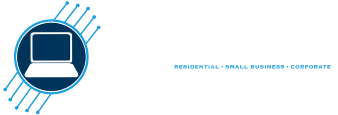 Blue laptop icon with circuit lines and small text reading “Residential | Small Business | Enterprise”