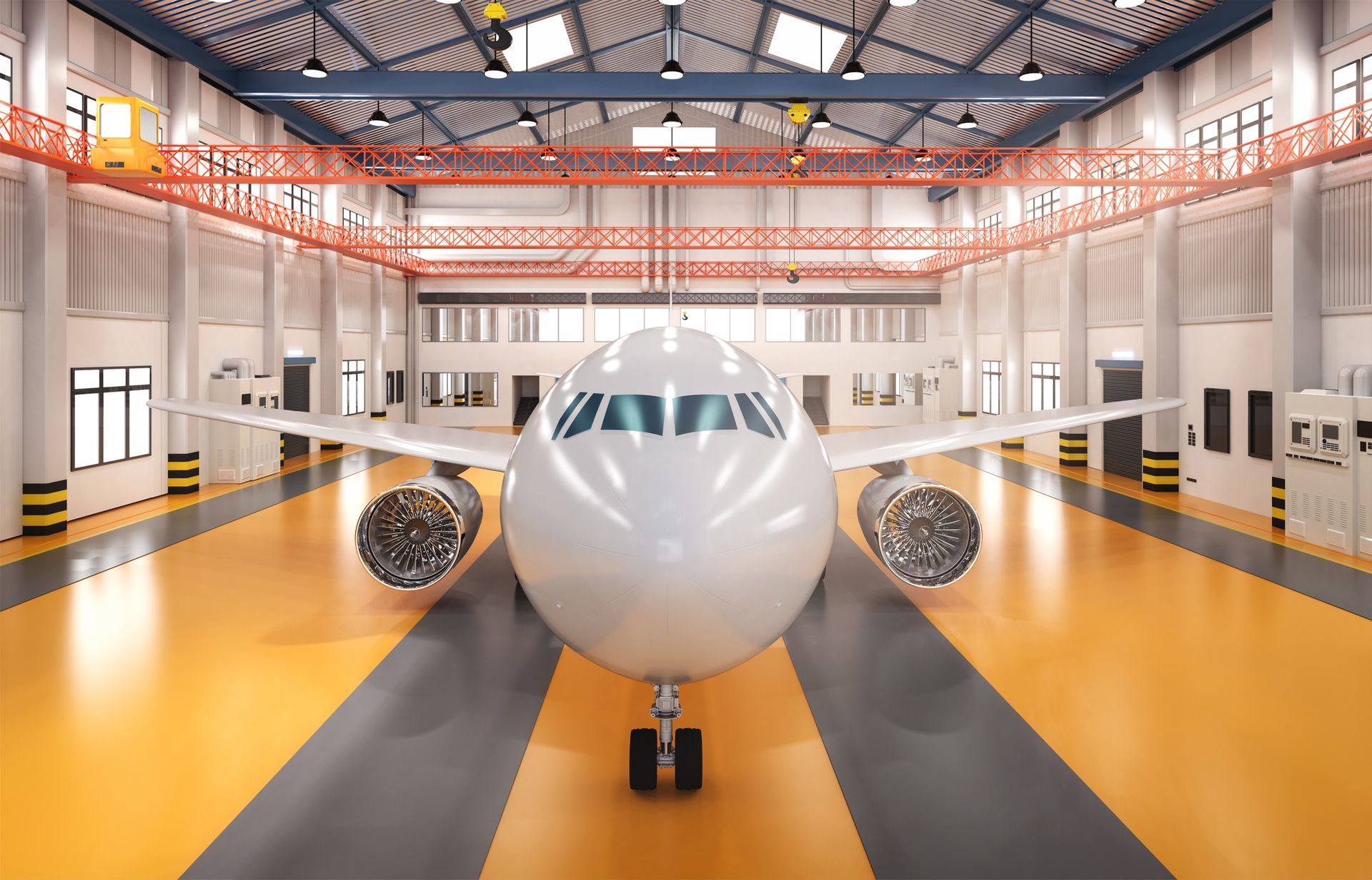 Front view of a white airplane in a hangar, centered between two engines under bright industrial lighting