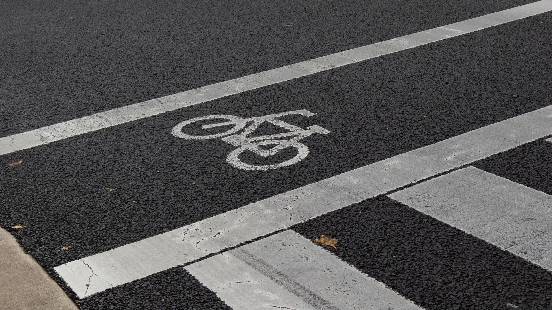 Bike lane marking on dark asphalt at a street intersection with white crosswalk lines.