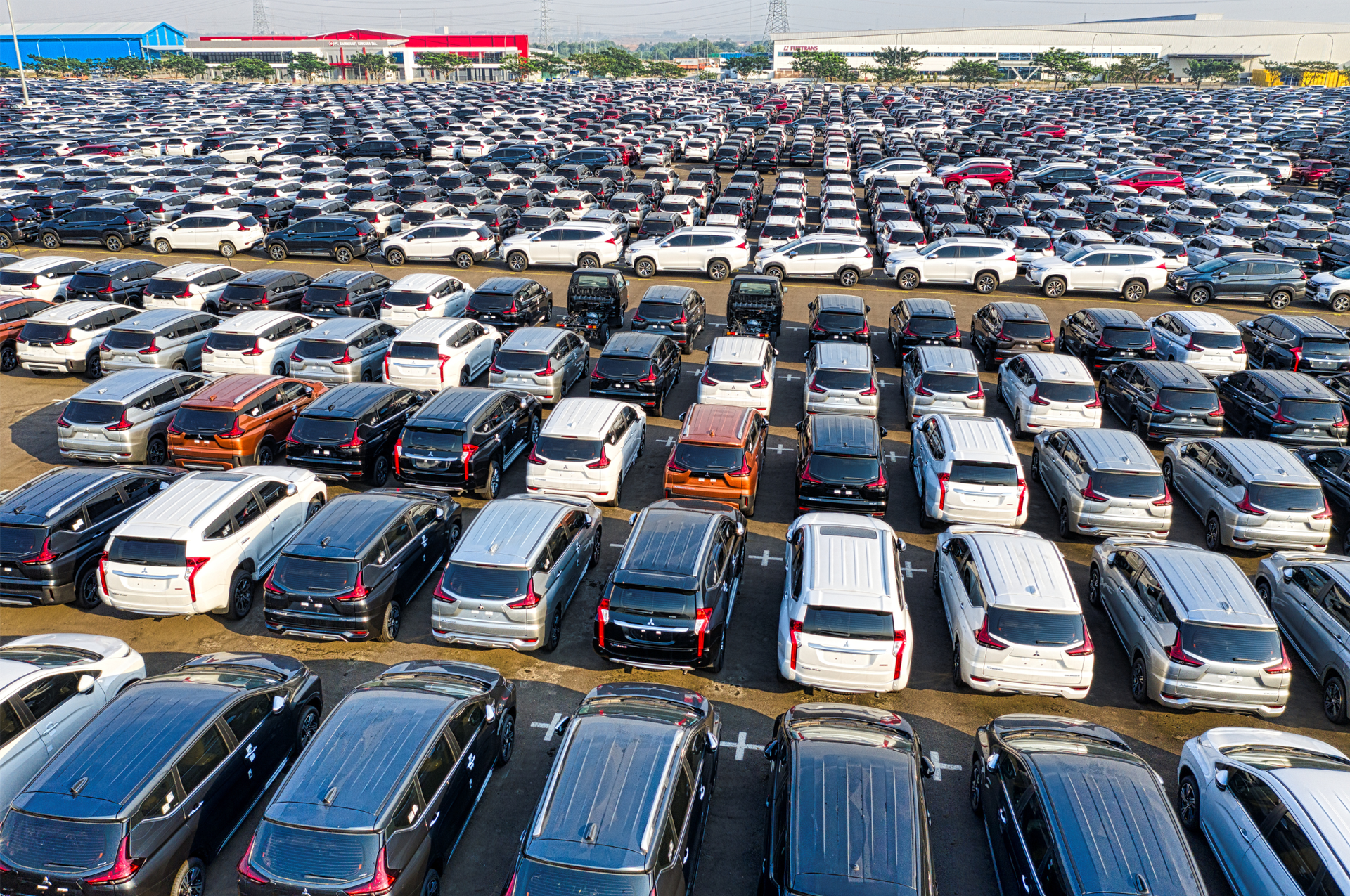 Crowded parking lot filled with rows of cars under bright daylight