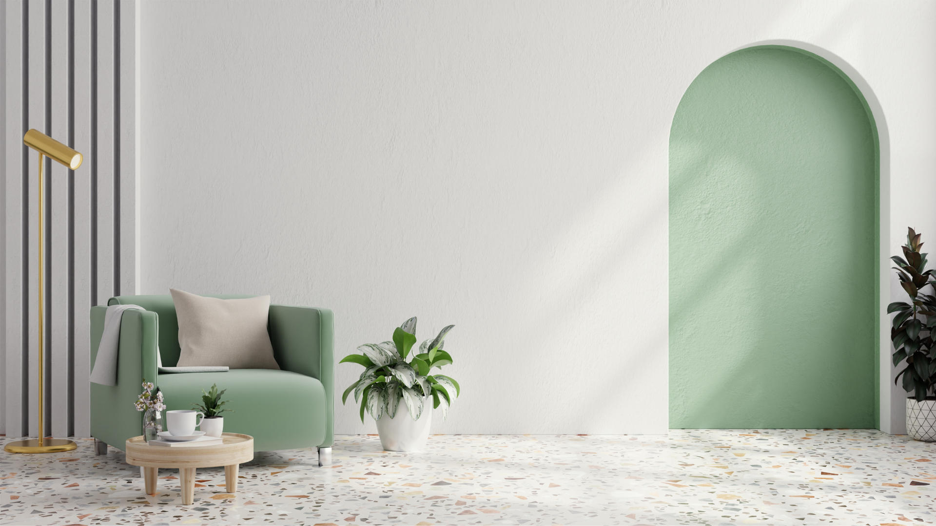 Minimal mint-green living room with a chair, side table, plants, and arched wall niche