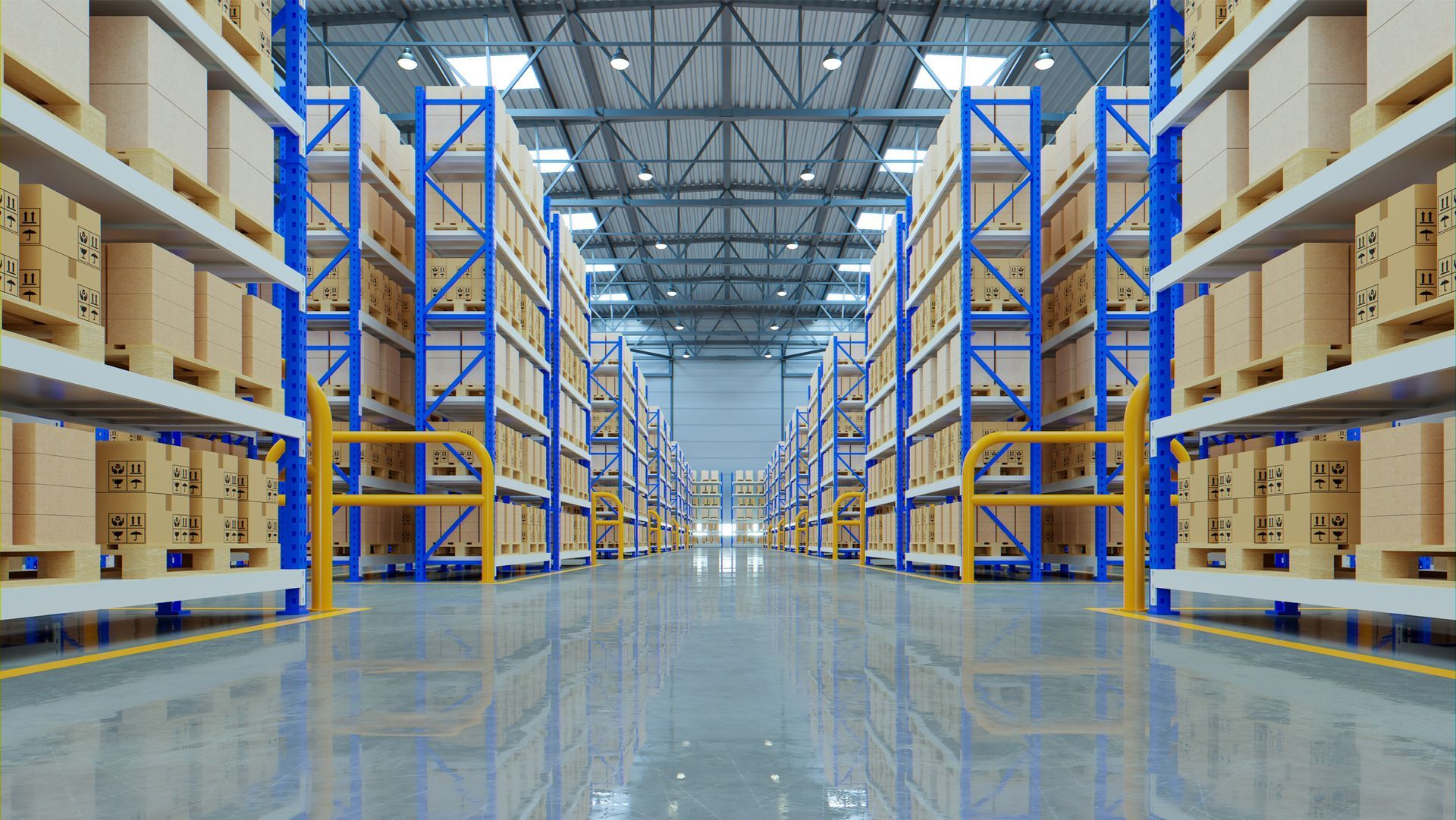 Wide warehouse aisle with tall blue racks and stacked cardboard boxes on both sides