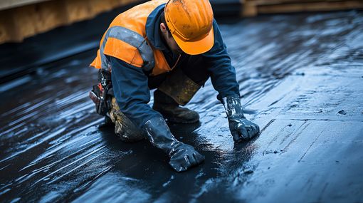 Worker in orange safety gear smoothing black roofing material on a wet rooftop