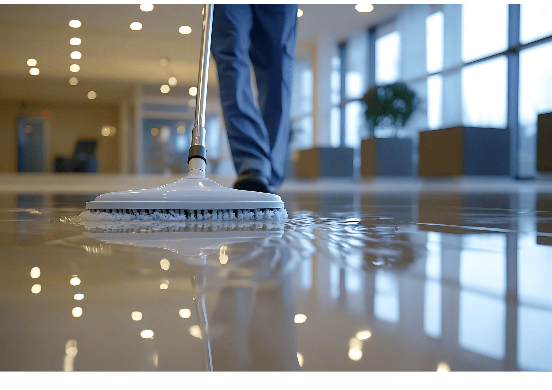 Janitor mopping a shiny lobby floor in a modern building