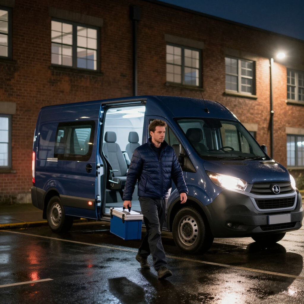 electrician carrying a toolbox beside a blue van on a wet street at night
