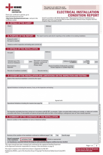 Electrical Installation Condition Report form with empty fields for details and inspection findings.