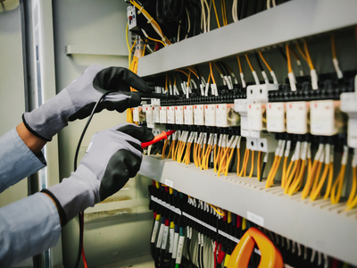 Hands wearing gloves testing electrical panel wiring with a multimeter.