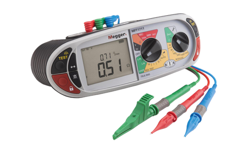 Multifunction electrical tester with digital display and connected test leads.
