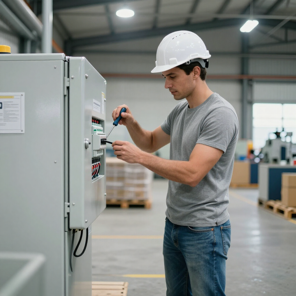 Commercial Electrician in hardhat using multimeter on electrical panel.