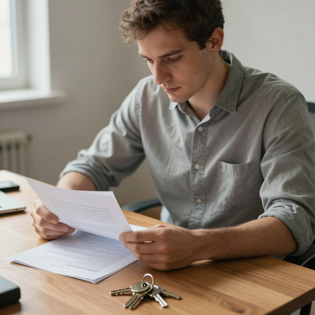 Man reviewing papers at a wooden desk with keys in the foreground, indoors by a window