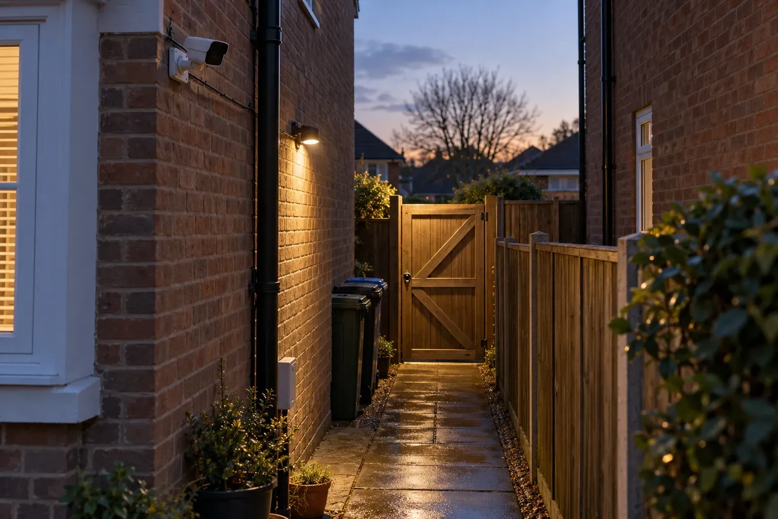 A CCTV camera and a modest security light on a brick side passage, aimed towards a timber back gate at dusk.