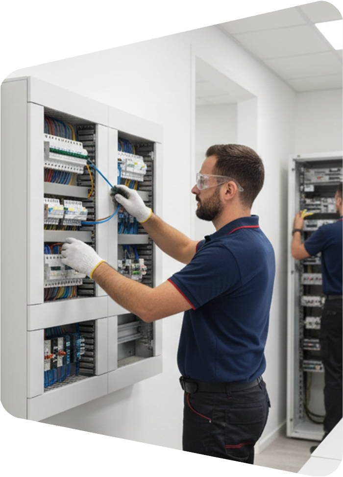 Electrician working on electrical panel, wearing safety glasses and gloves. Another electrician in the background.