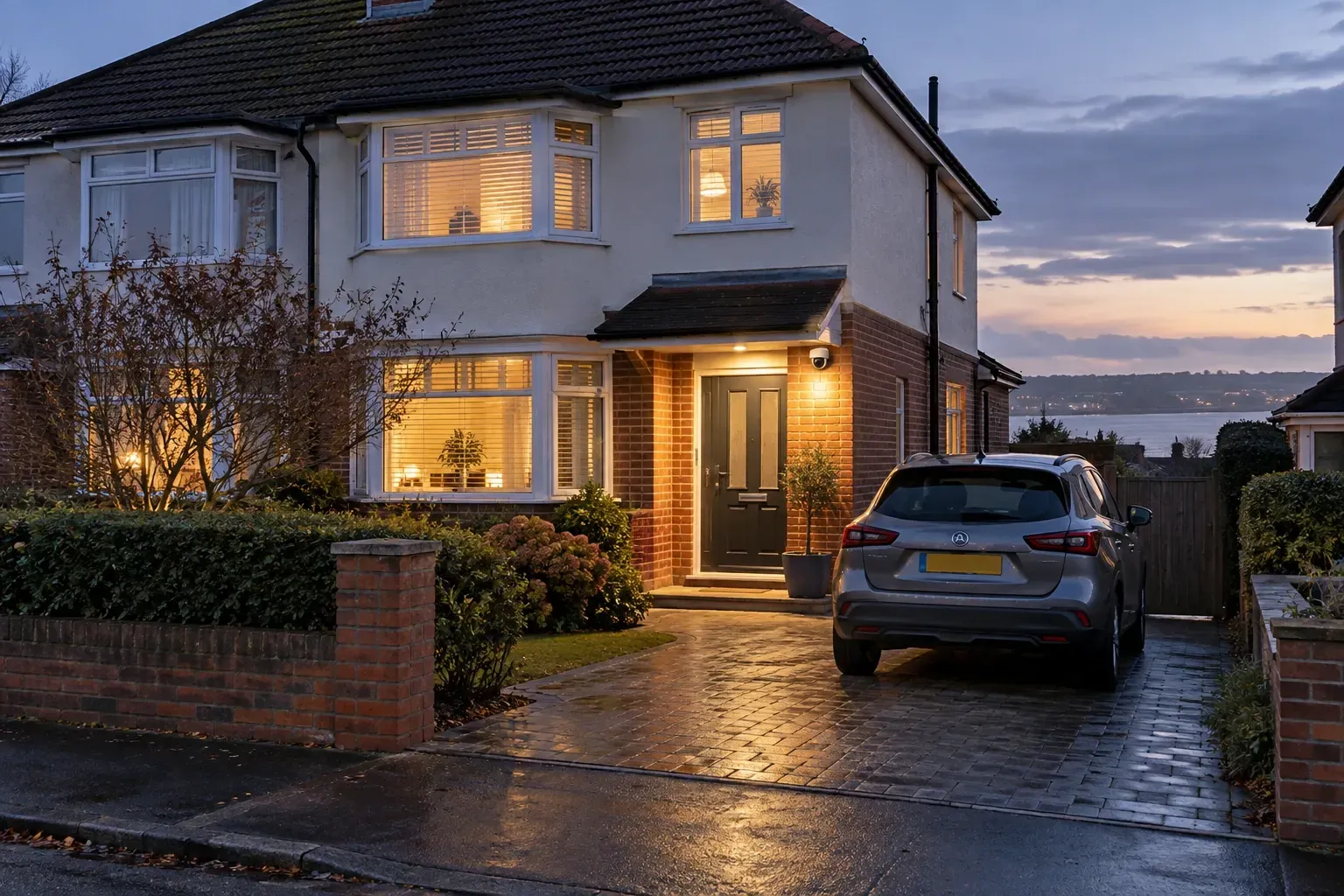 Winter dusk at a British home, with a discreet CCTV camera covering the front door and a shielded light illuminating the entrance and driveway.