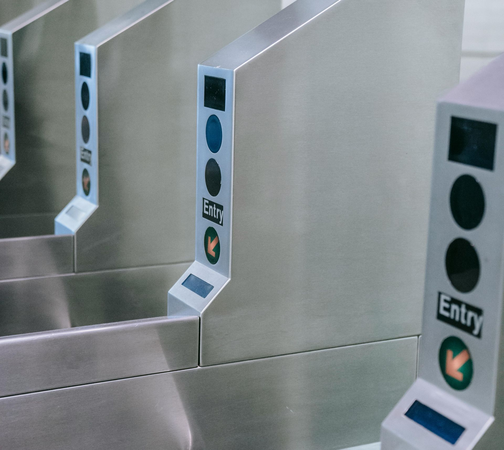 Subway turnstiles with indicator lights, metal finish, and 