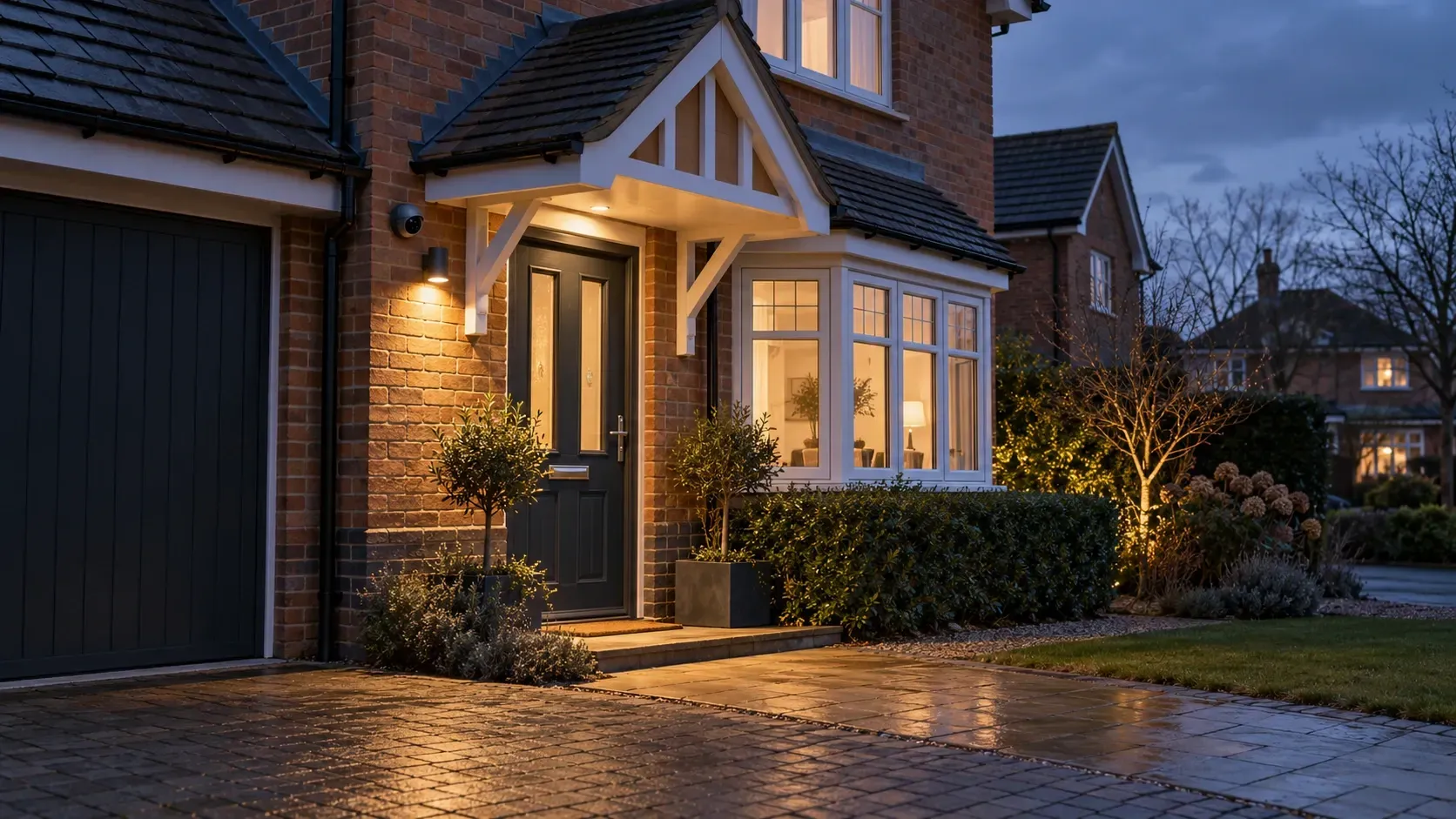 CCTV camera and security lighting at a British home's entrance and driveway on a winter evening.