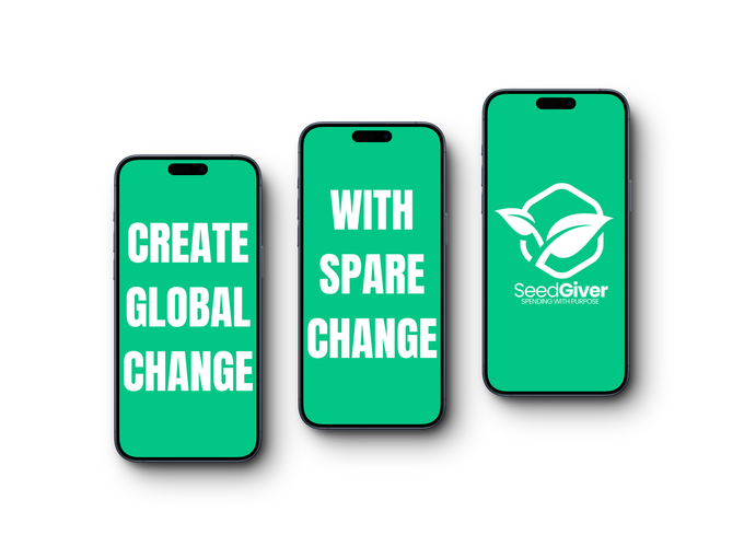 Three green phones with the words create global change on them