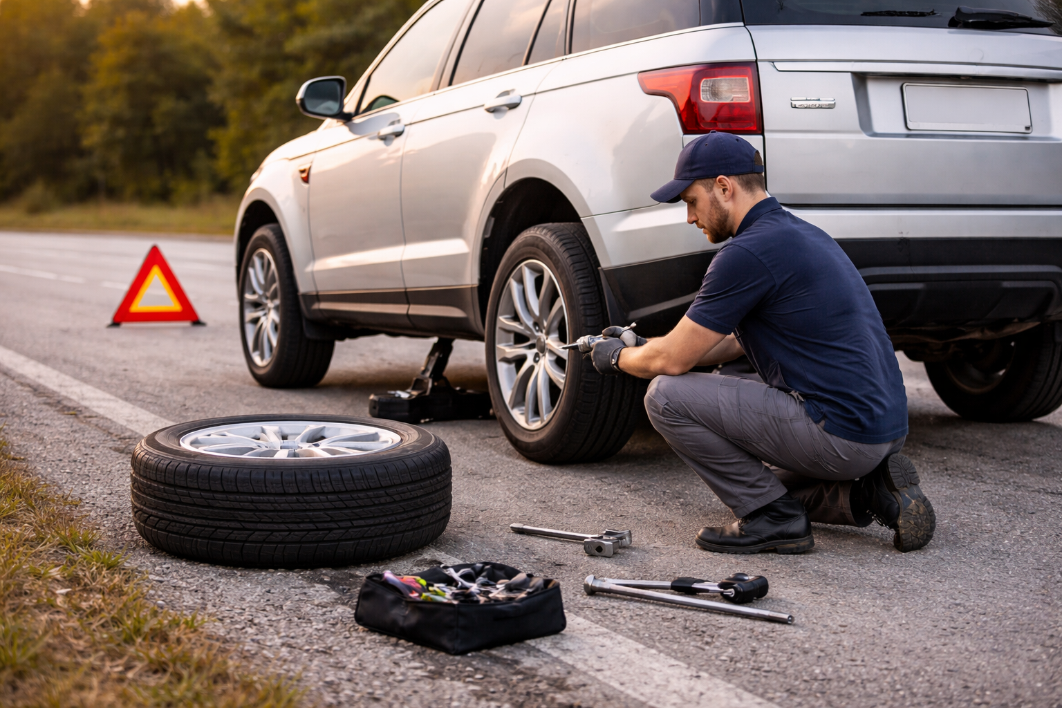 A roadside technician in a blue shirt kneels to change a flat tire on a silver SUV, with tools and a warning triangle nearby.