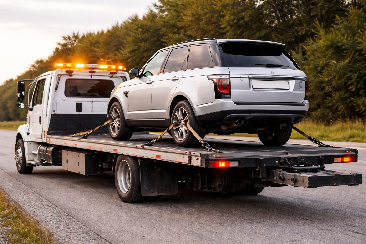 A white Land Rover SUV being transported on the back of a flatbed tow truck on an asphalt road.