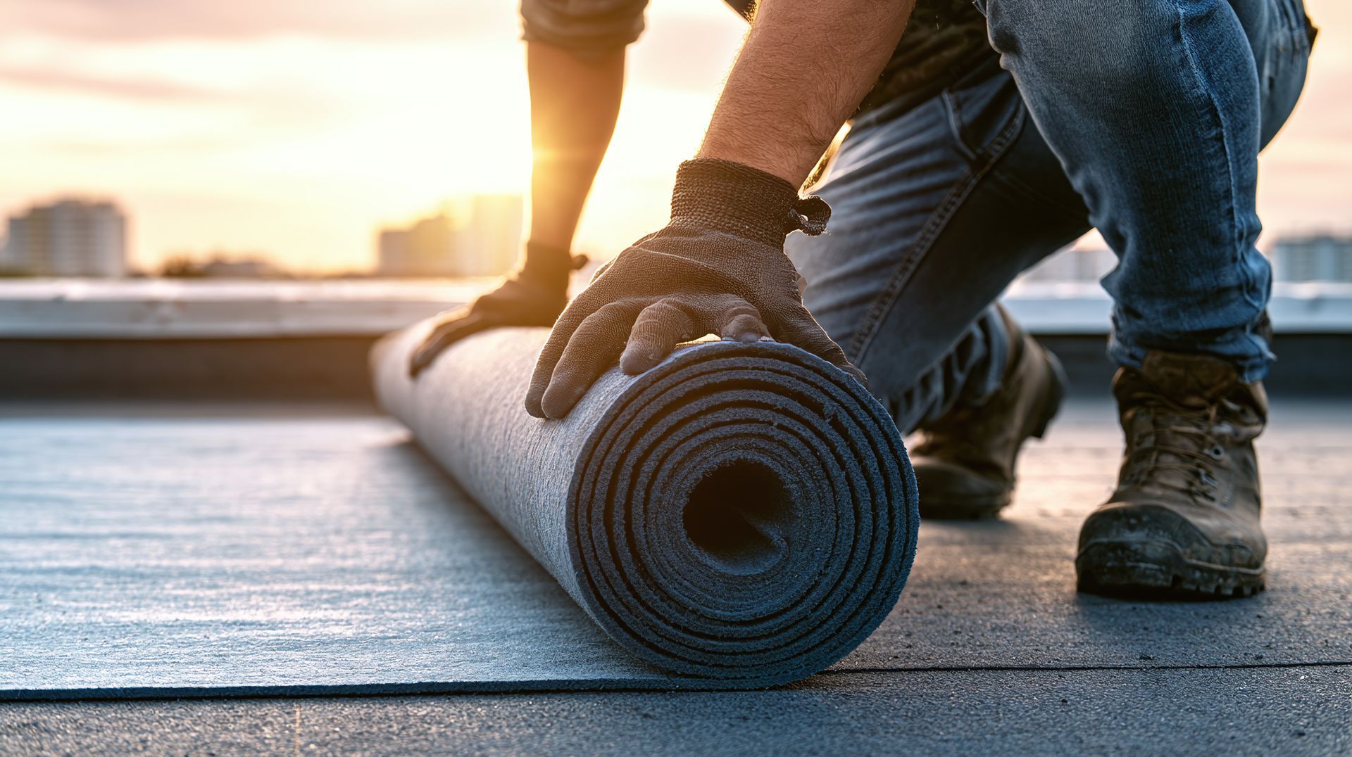 Commercial roof coating contractor unrolling membrane