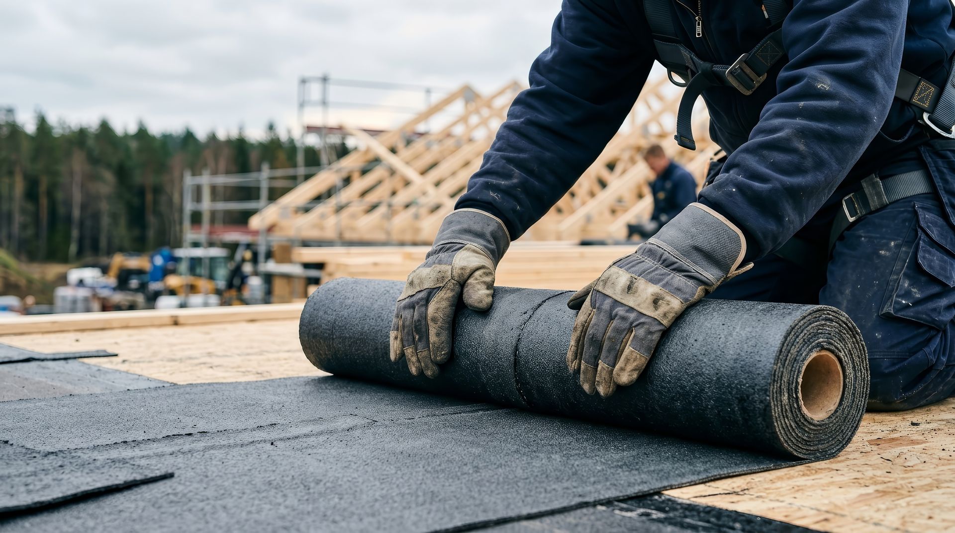 Emergency commercial roofing contractor in gloves rolling out roofing membrane on a flat roof