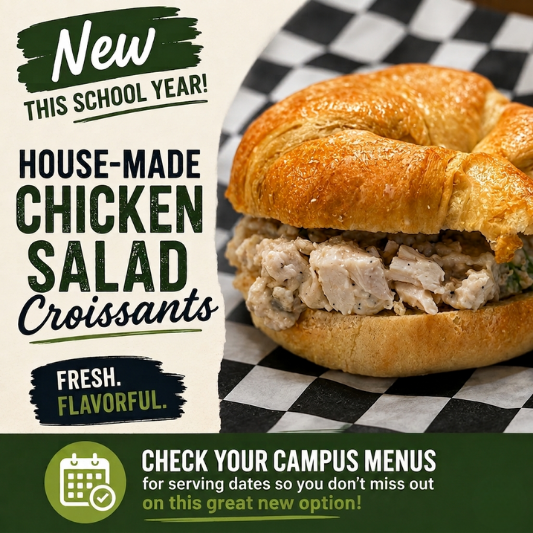 Promotional graphics featuring a house-made chicken salad croissant sandwich resting on checkered paper. Text reads: 