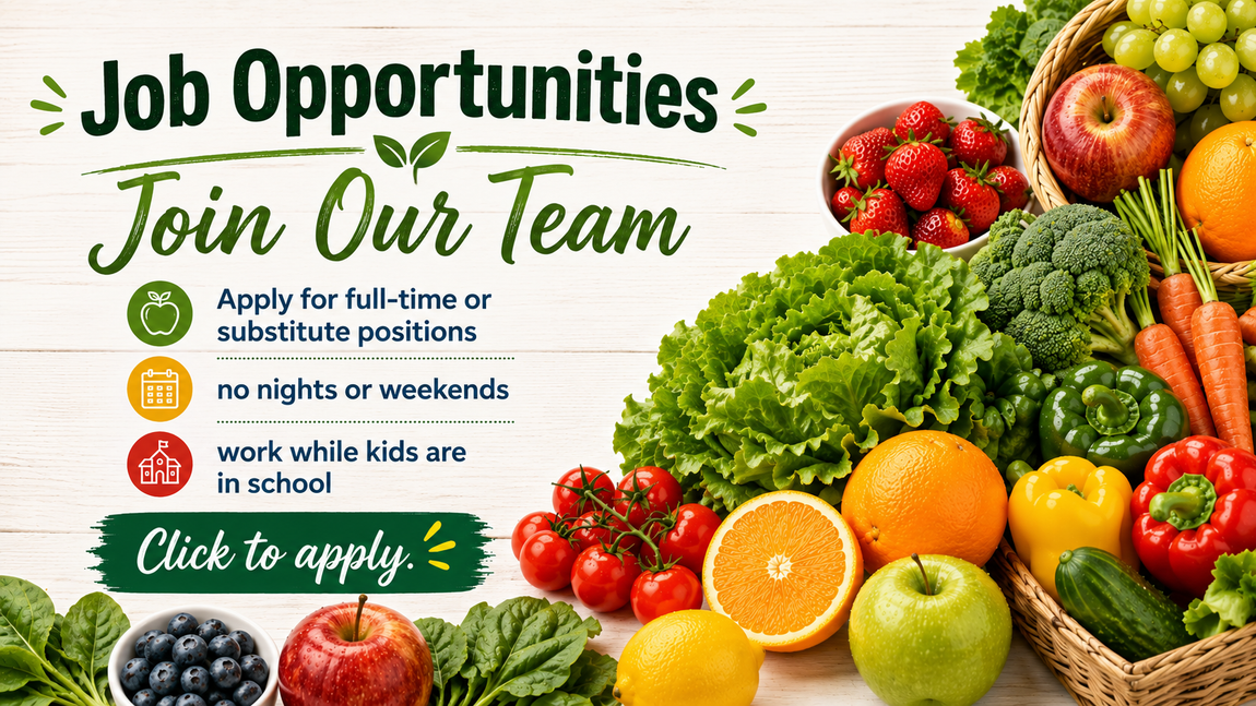 Job Opportunities poster with benefits listed and a ‘Click to apply’ message, decorated with assorted fruits and vegetables.