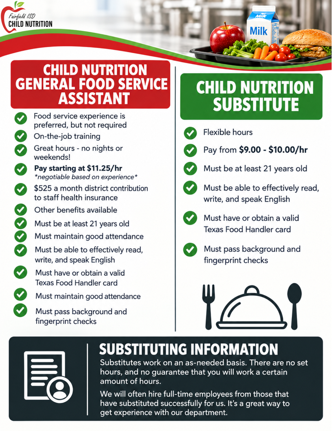 Job Opportunities poster with benefits listed and a ‘Click to apply’ message, decorated with assorted fruits and vegetables.