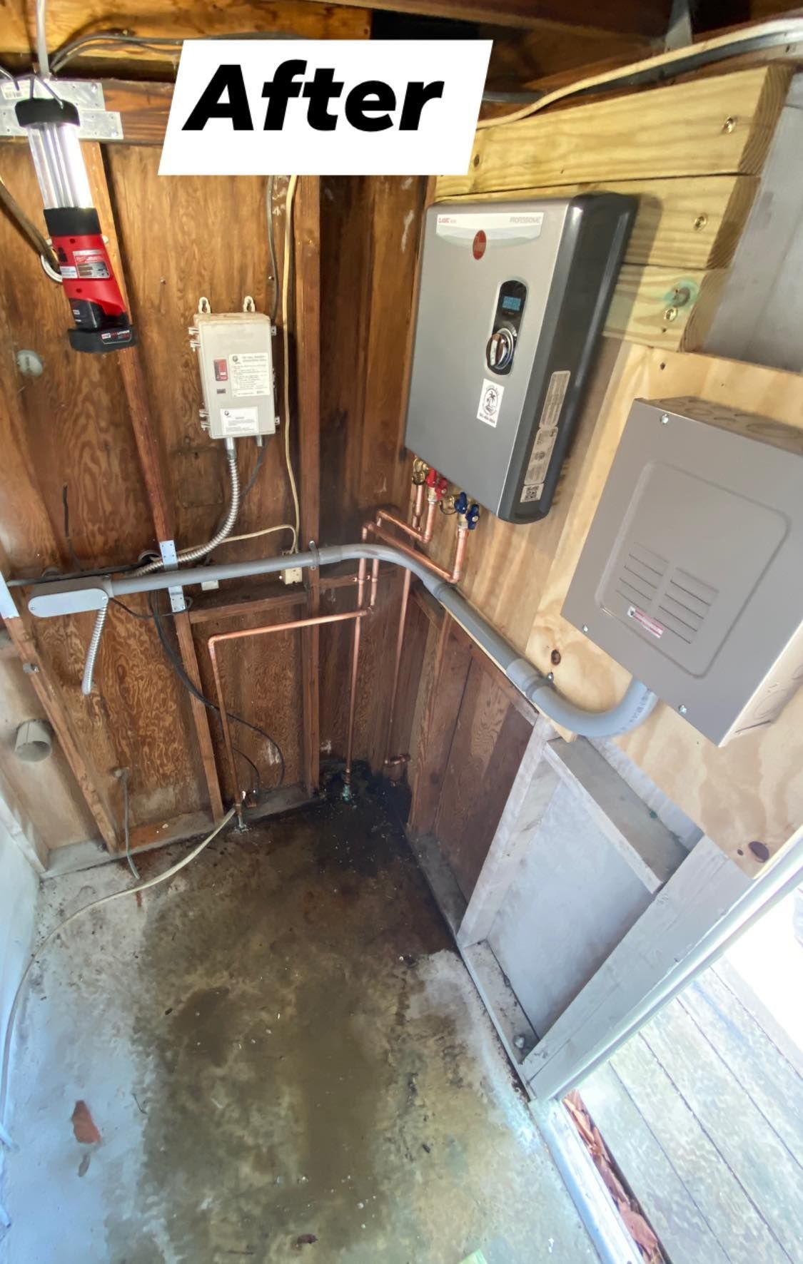 After image of a Tankless Rheem water heater conversion saving space and energy
