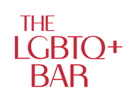 Red text logo reading “THE LGBTQ+ BAR” on a white background