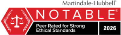 Martindale-Hubbell “Notable” 2026 red badge with scales icon and “Peer Rated for Strong Ethical Standards” text