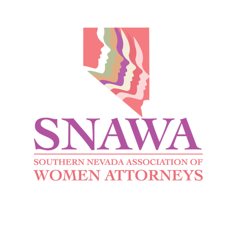 SNAWA logo with pink Nevada silhouette and stylized faces, text: Southern Nevada Association of Women Attorneys