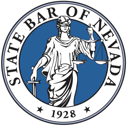 Seal of the State Bar of Nevada with Lady Justice holding scales, blue and white, 1928.