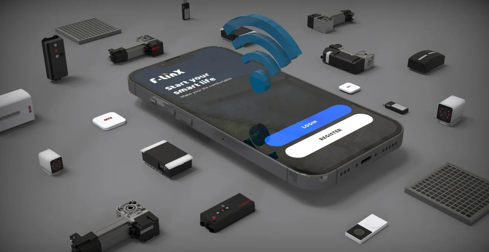 A smart phone is surrounded by electronic components on a table.