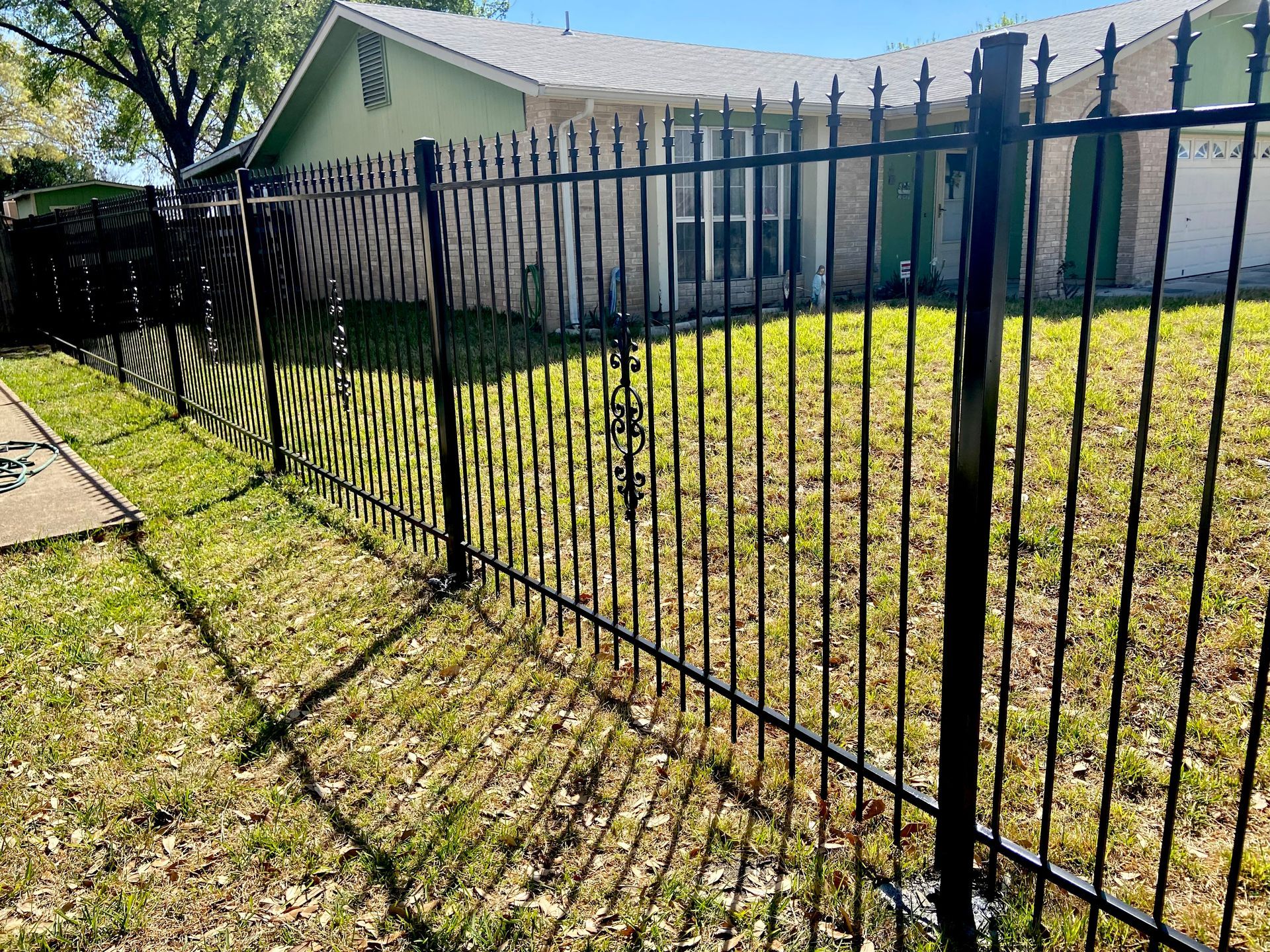 Black metal fence beside a grassy yard and house in bright sunlight