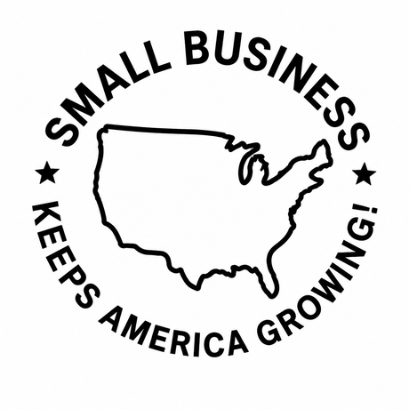 Small business logo with U.S. map and text “SMALL BUSINESS KEEPS AMERICA GROWING” on a pink fabric background
