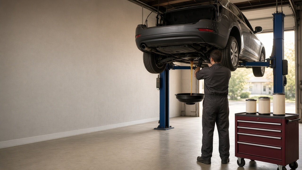 Technician draining engine oil from a car on a lift at an auto repair shop
