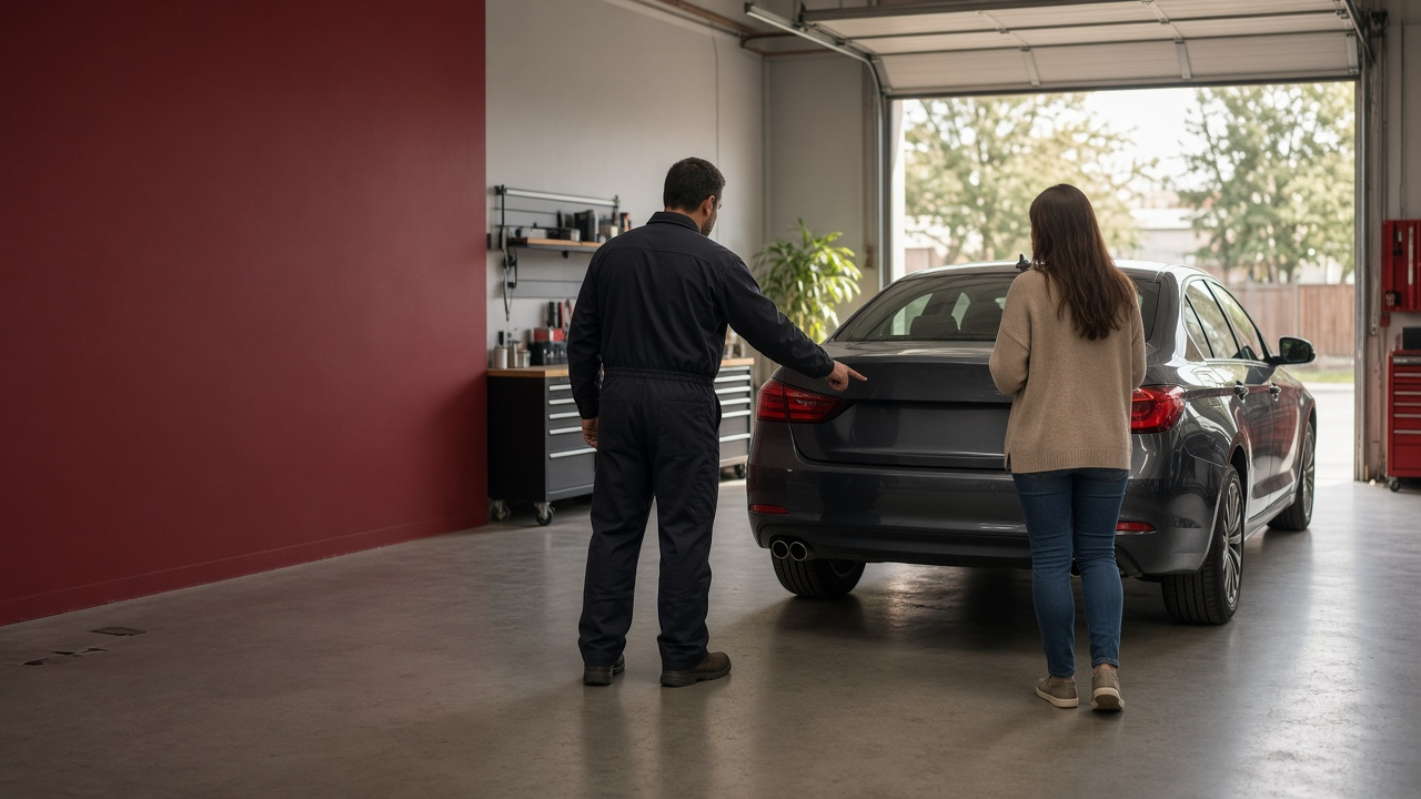 Auto technician walking a customer through her car's repair in a Rockville shop bay