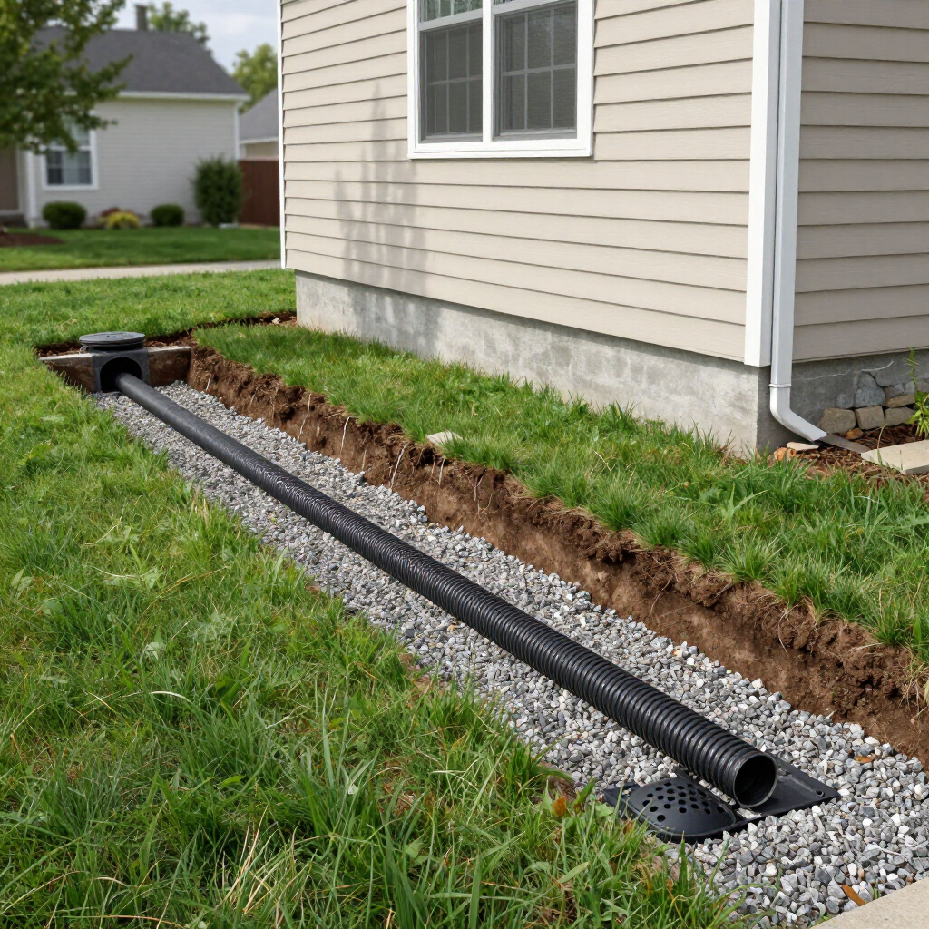 A black corrugated drainage pipe connects a house downspout to a yard basin in a gravel-filled trench along the foundation.