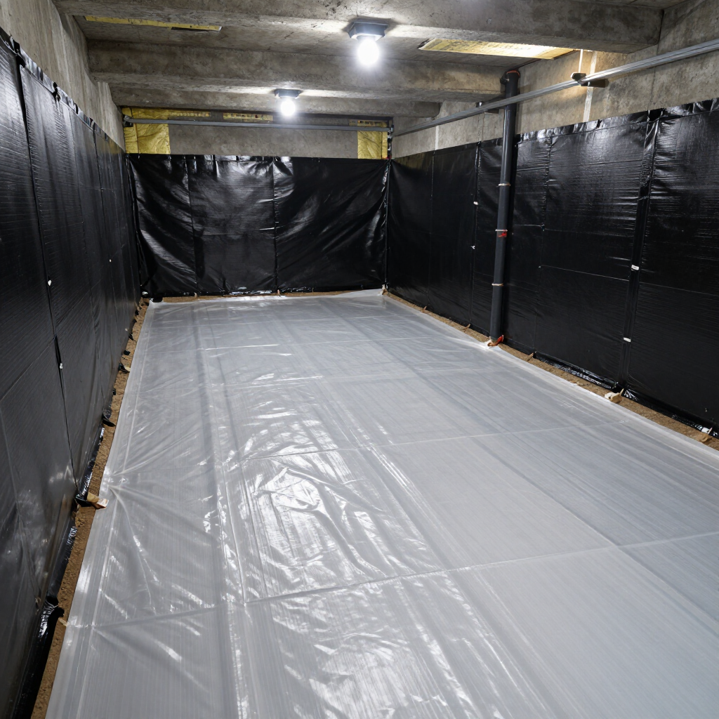 A basement crawl space with black plastic vapor barrier wall liners and a clear plastic floor liner under two ceiling lamps.