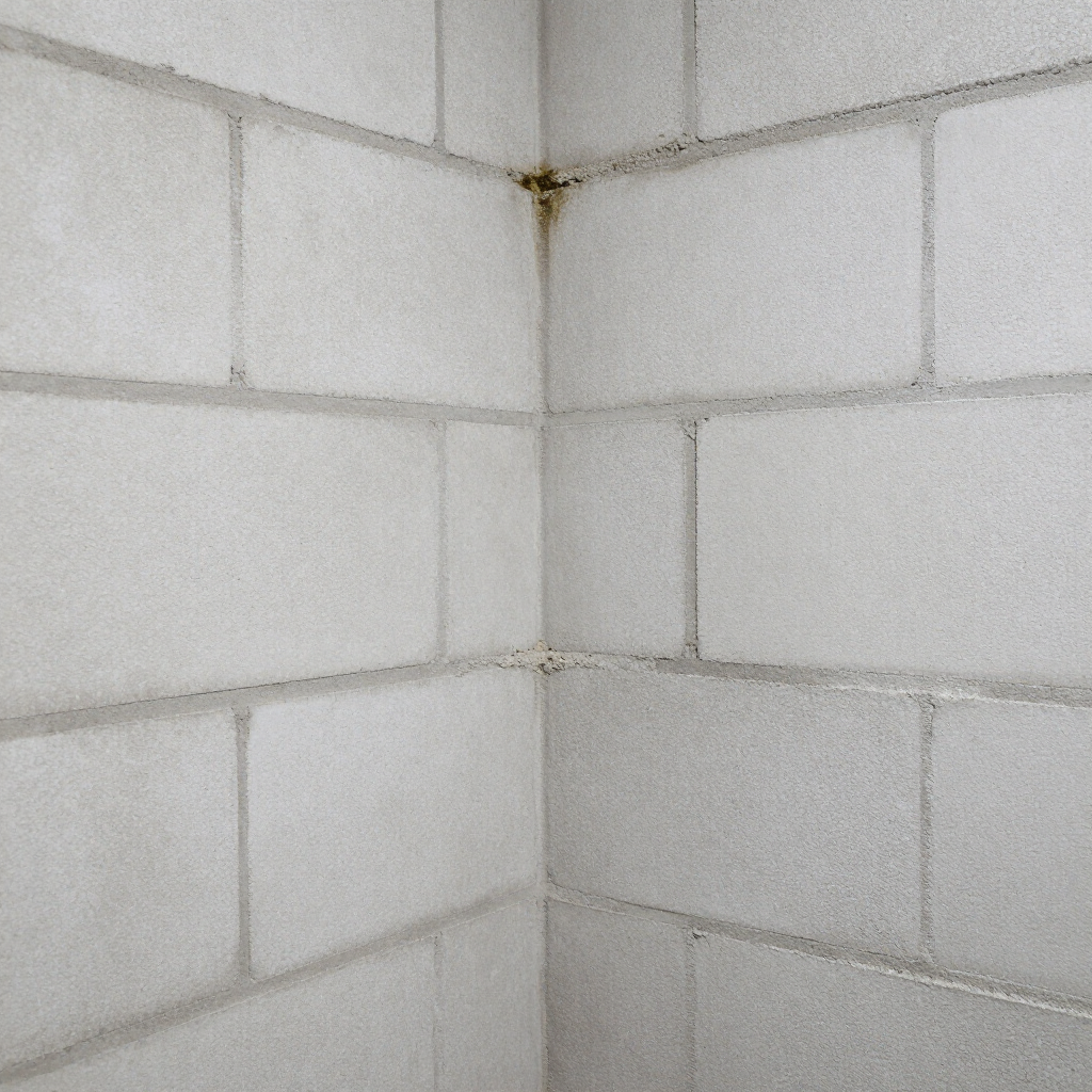 An inside corner of a concrete block wall showing a small area of brown staining at the mortar joint.