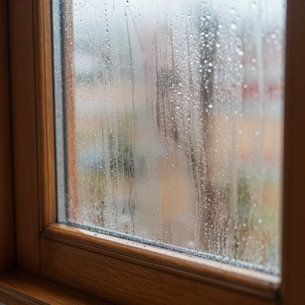 Close-up of a wooden window frame with glass covered in condensation and water droplets on a cloudy day.