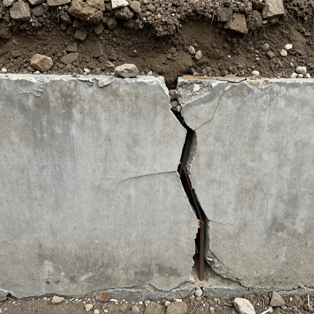 A wide crack separates two concrete wall segments, with exposed metal rebar visible inside the vertical gap.