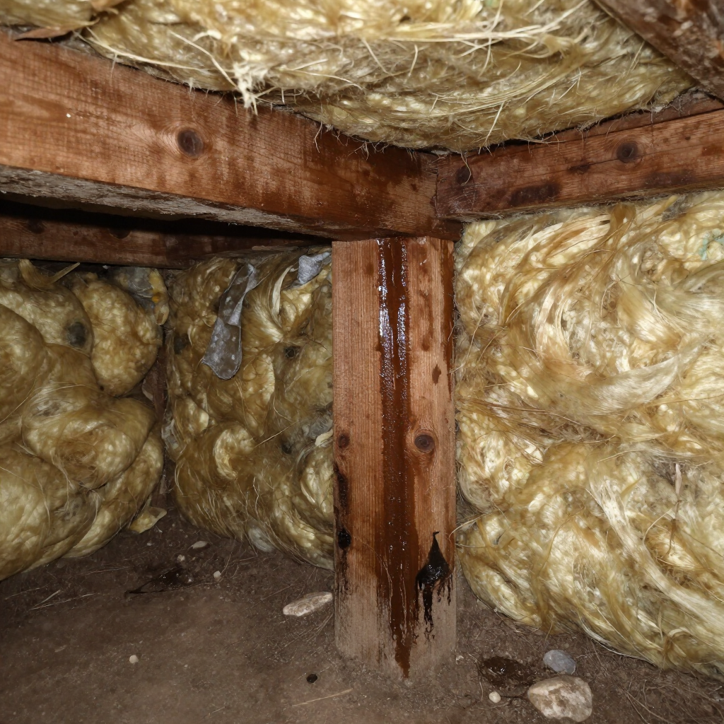 Dark, damp liquid staining a wooden support post in a crawl space filled with fiberglass insulation.